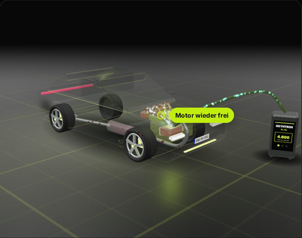 3D-Modell eines Autos mit Blick in den Motor während der Wasserstoff-Motorreinigung