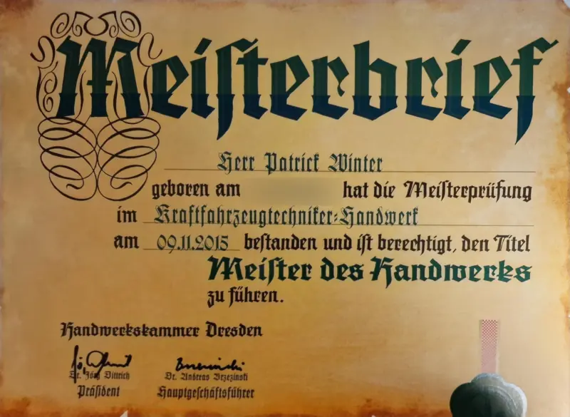 Meisterbrief von Patrick Winter im Kraftfahrzeugtechniker-Handwerk, Handwerkskammer Dresden, 2015